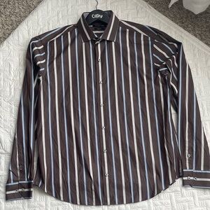 Bugatchi Brown and Blue Striped Dress Shirt